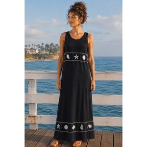 VTG Country Wear Casuals XL Maxi Dress Black Cotton Embroidered Coastal Grandma
